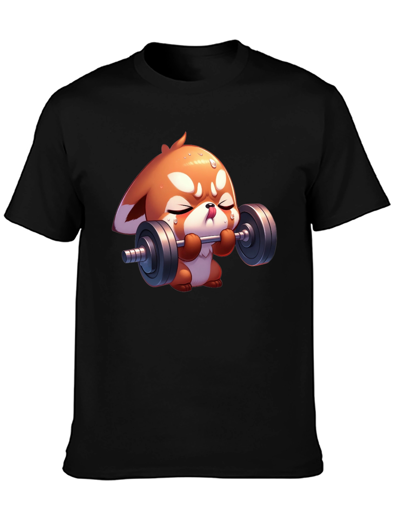 Cute Red Panda Weightlifting Black T-Shirt