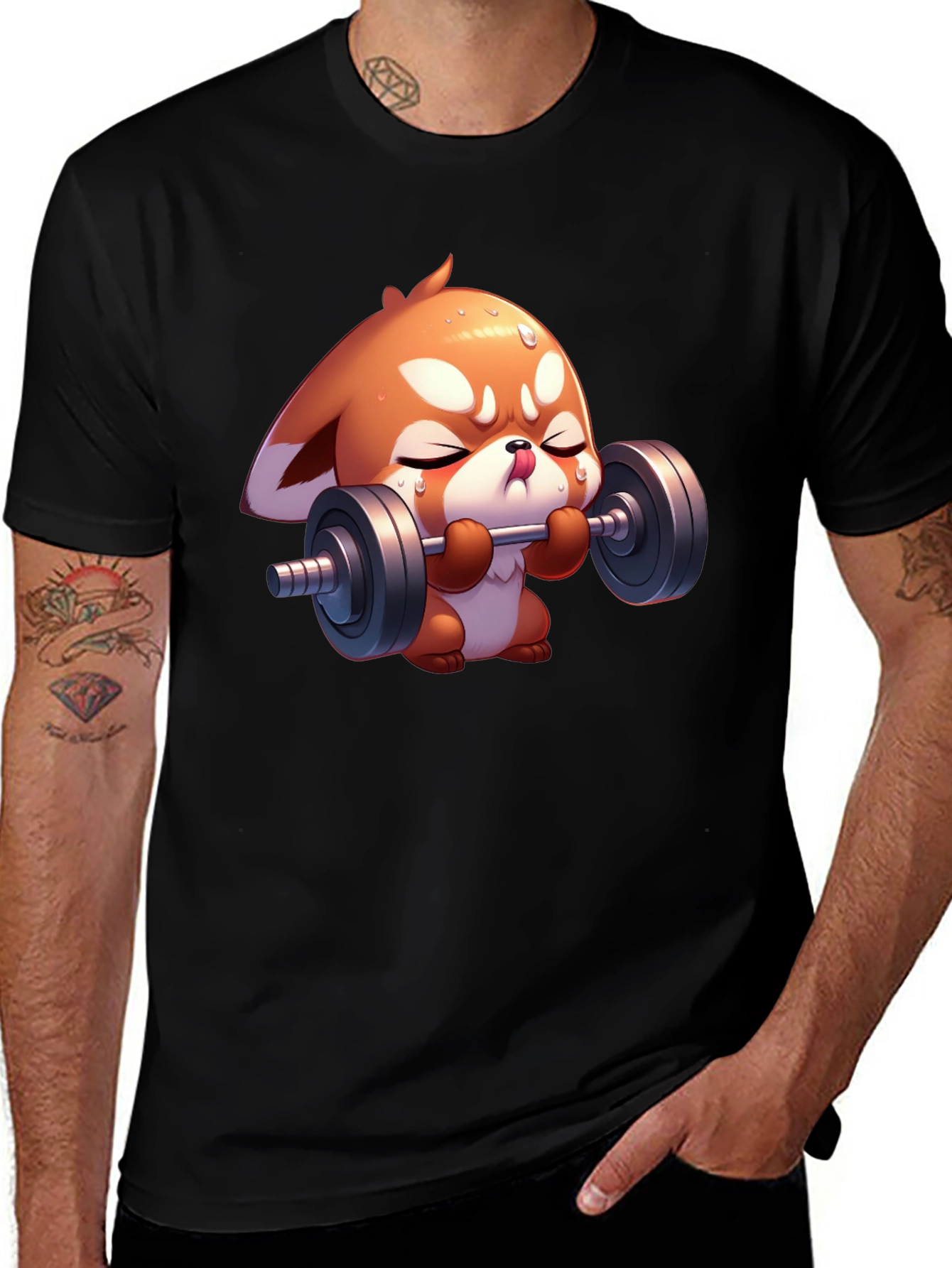 Cute Red Panda Weightlifting Black T-Shirt