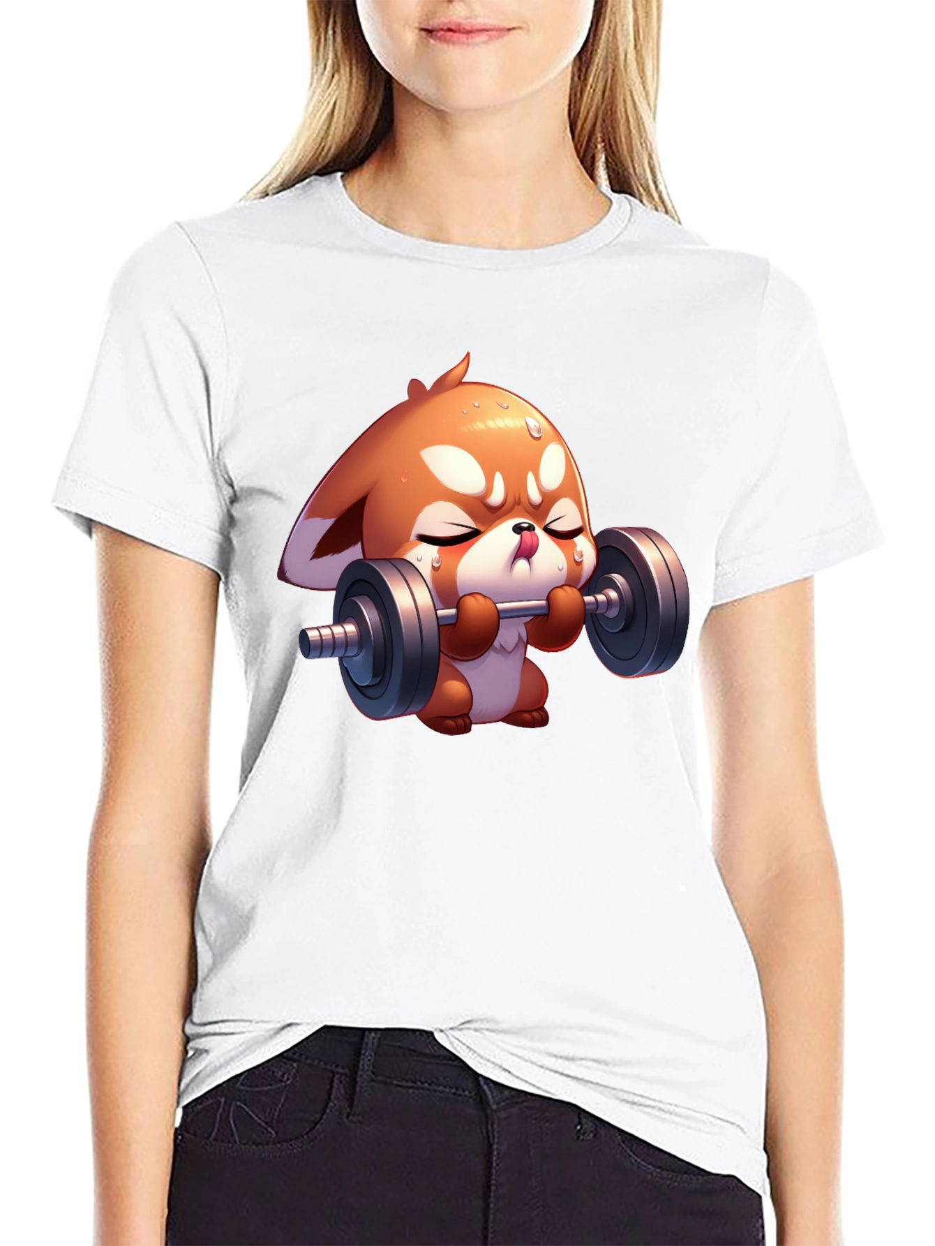 Cute Red Panda Weightlifting Black T-Shirt