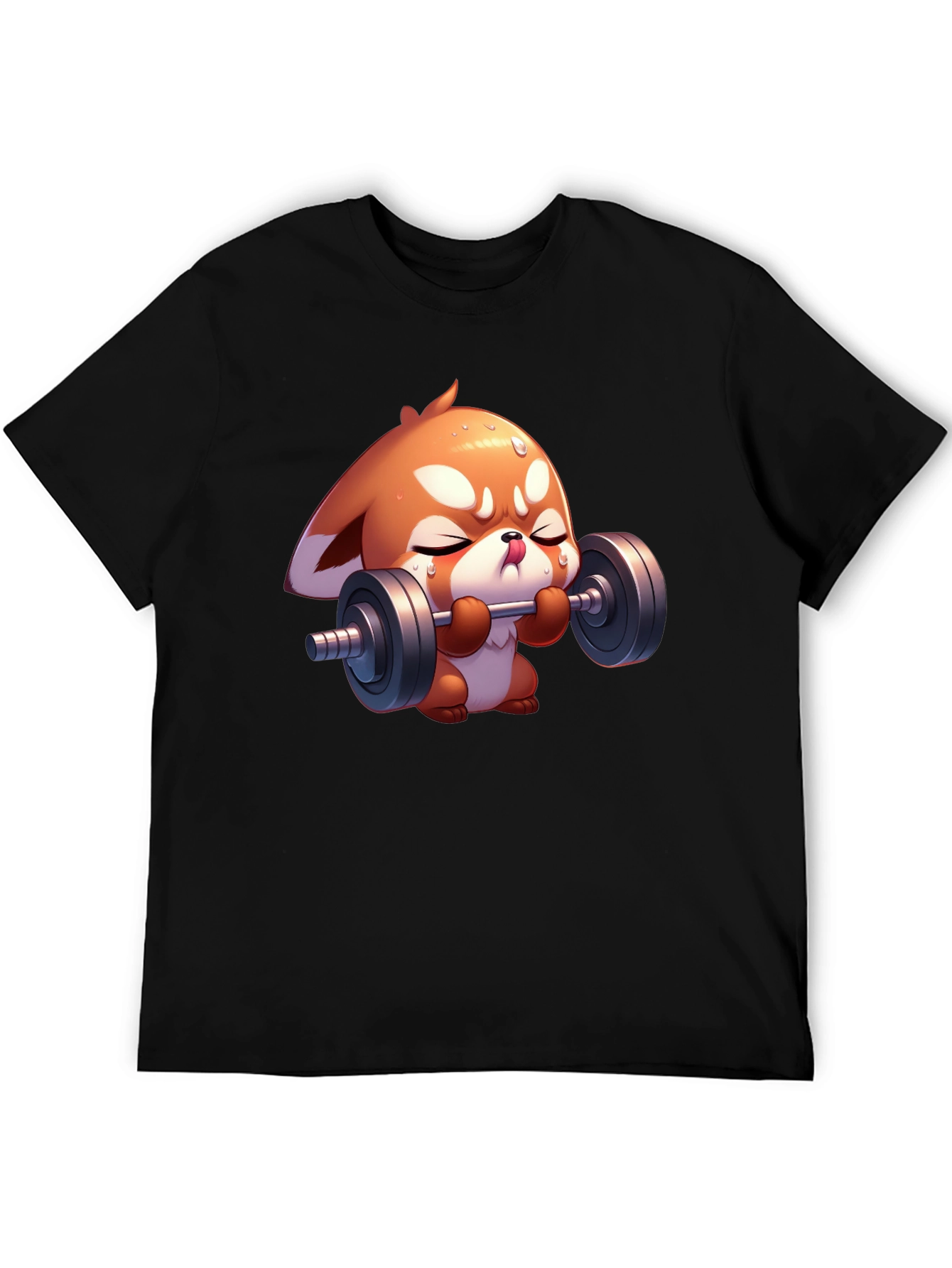 Cute Red Panda Weightlifting Black T-Shirt