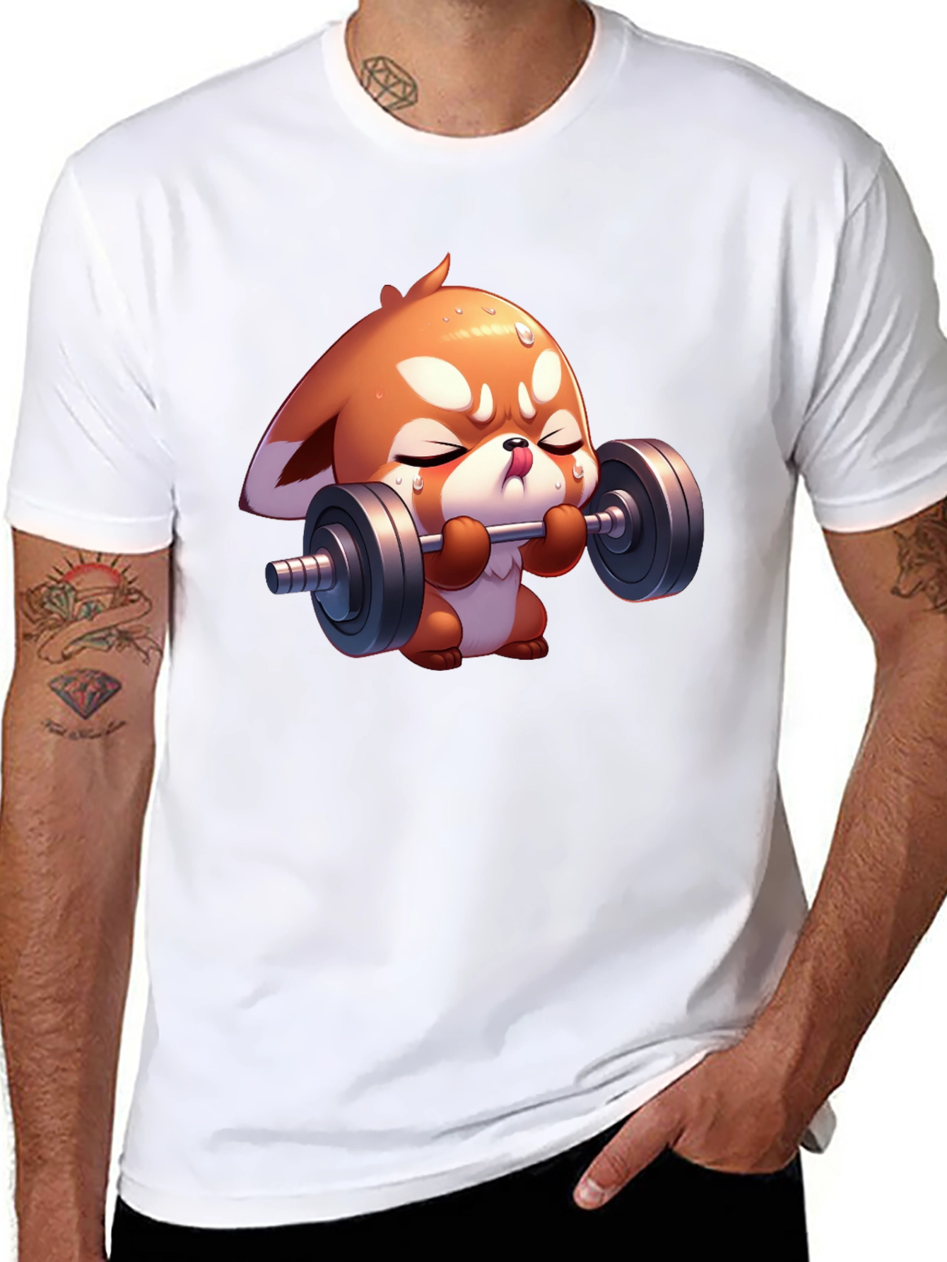 Cute Red Panda Weightlifting Black T-Shirt