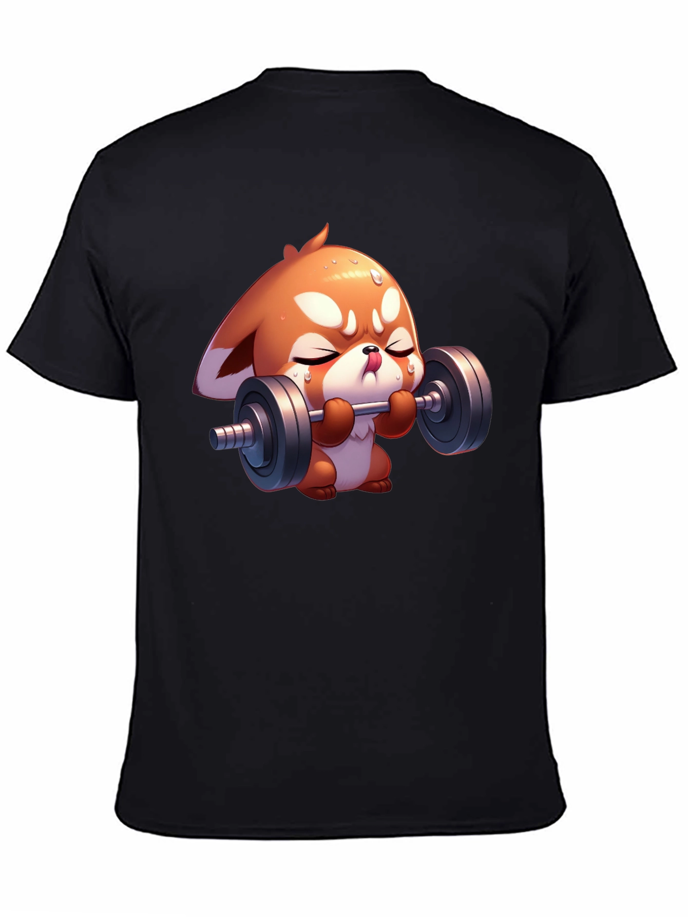 Cute Red Panda Weightlifting Black T-Shirt