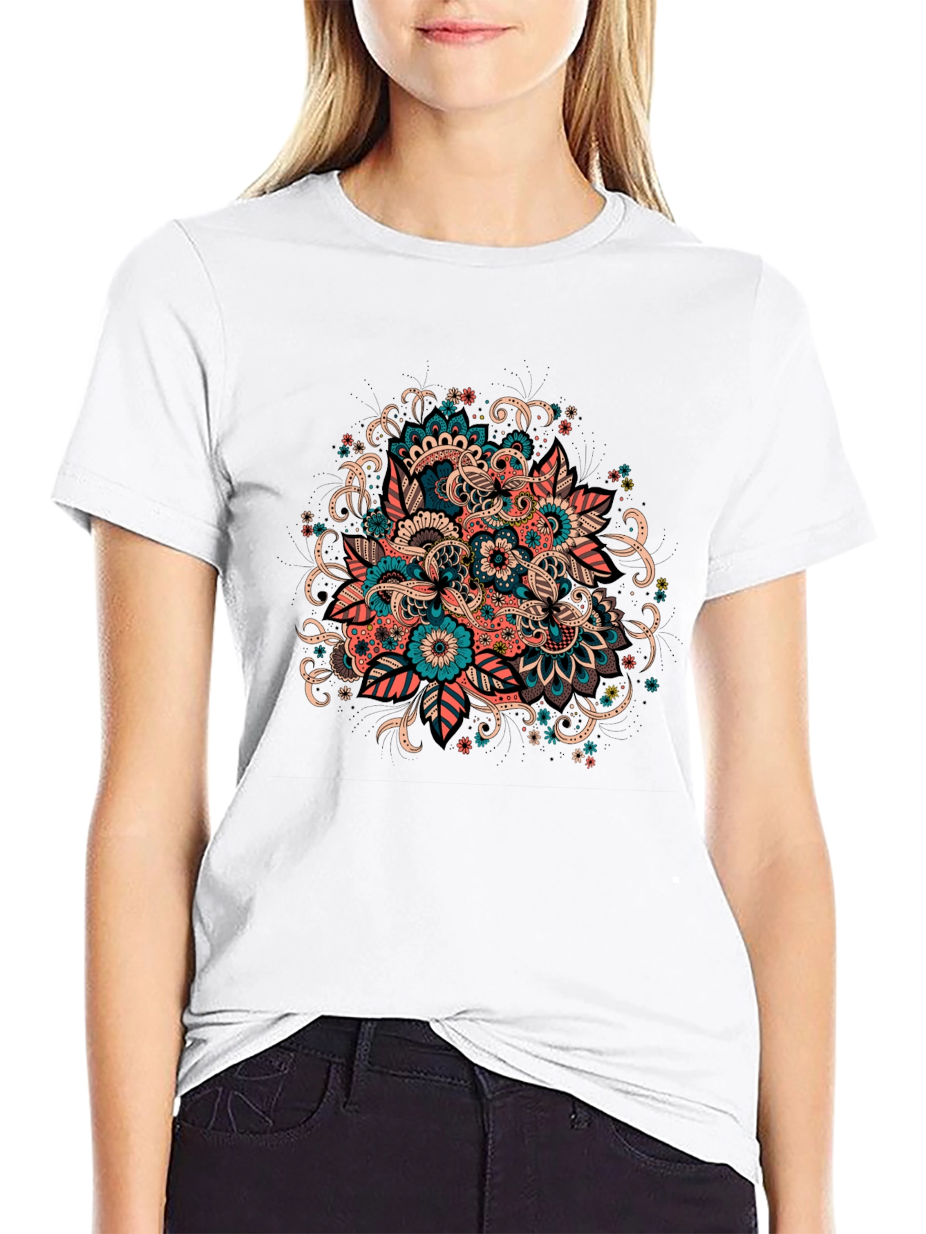 Floral Mandala Graphic Tee - Black Cotton T-Shirt
