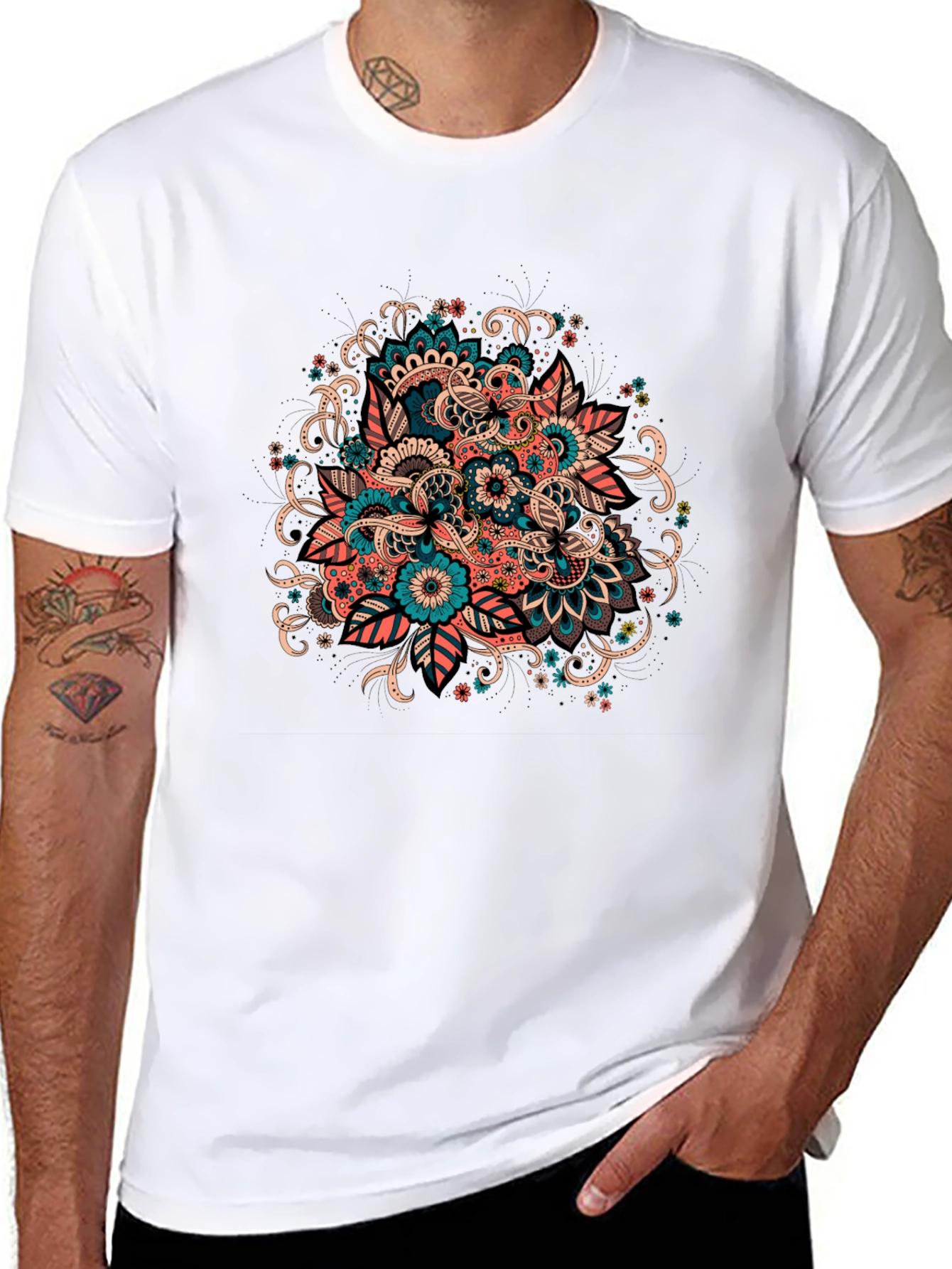 Floral Mandala Graphic Tee - Black Cotton T-Shirt