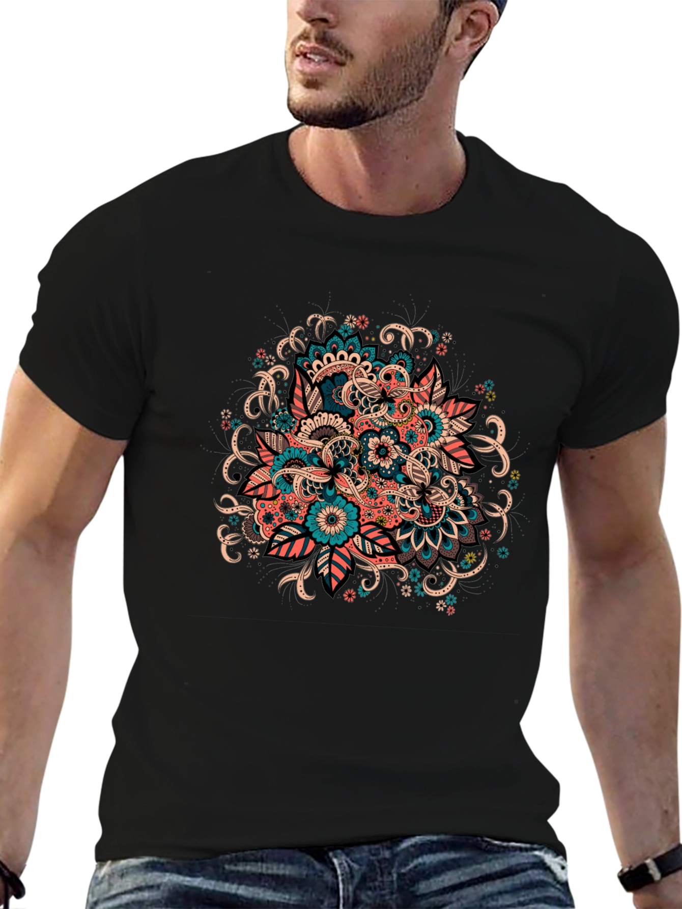 Floral Mandala Graphic Tee - Black Cotton T-Shirt