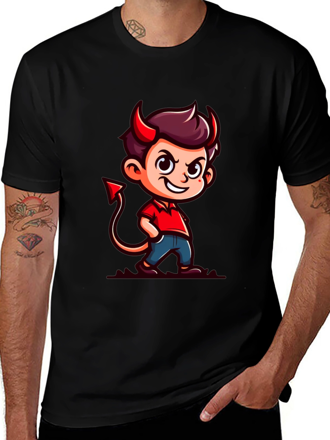 Devil Cartoon Graphic Tee - Black T-Shirt