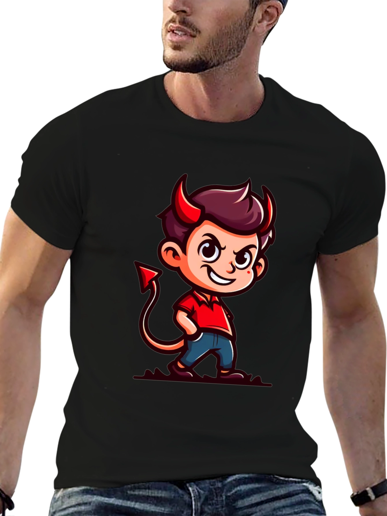 Devil Cartoon Graphic Tee - Black T-Shirt