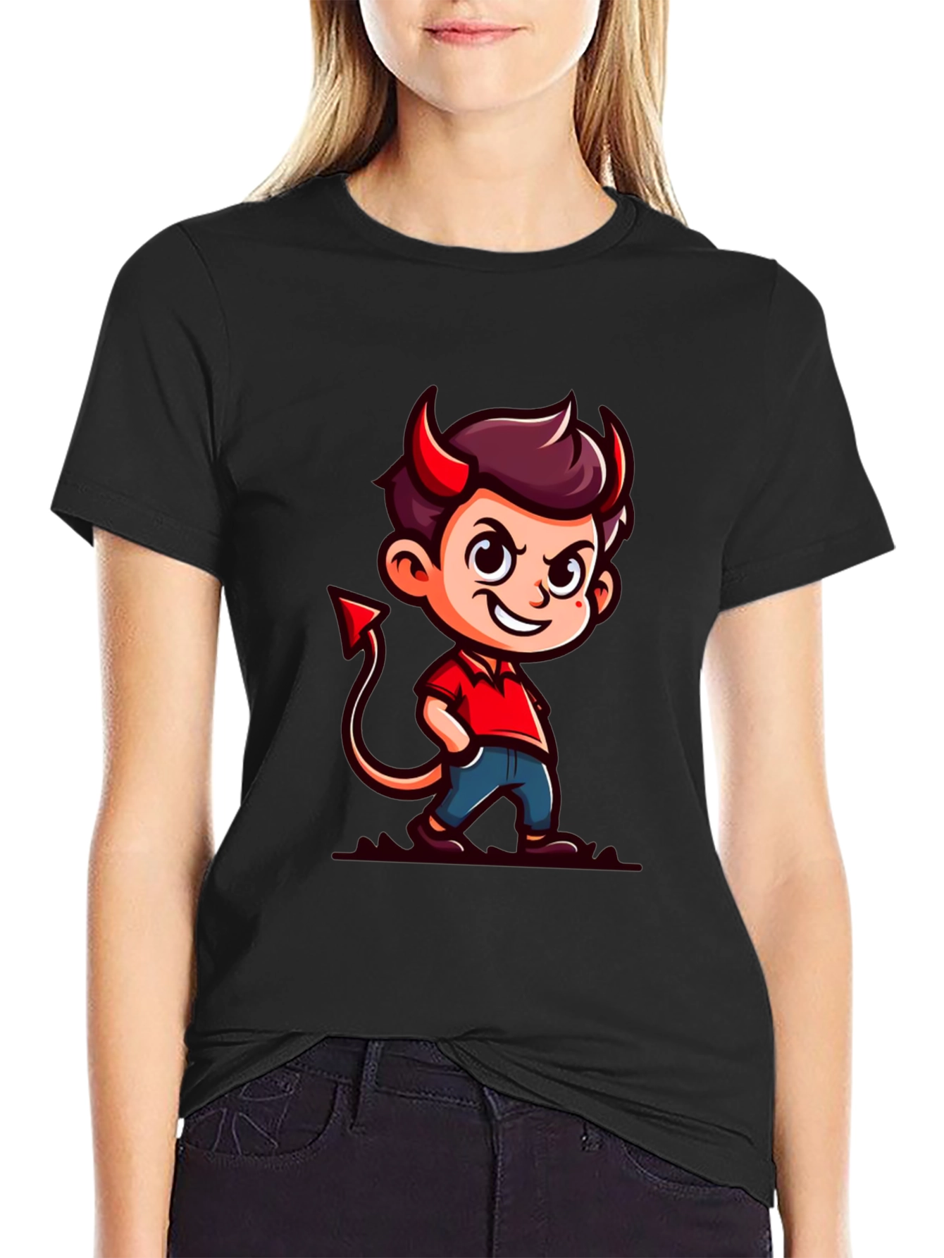 Devil Cartoon Graphic Tee - Black T-Shirt