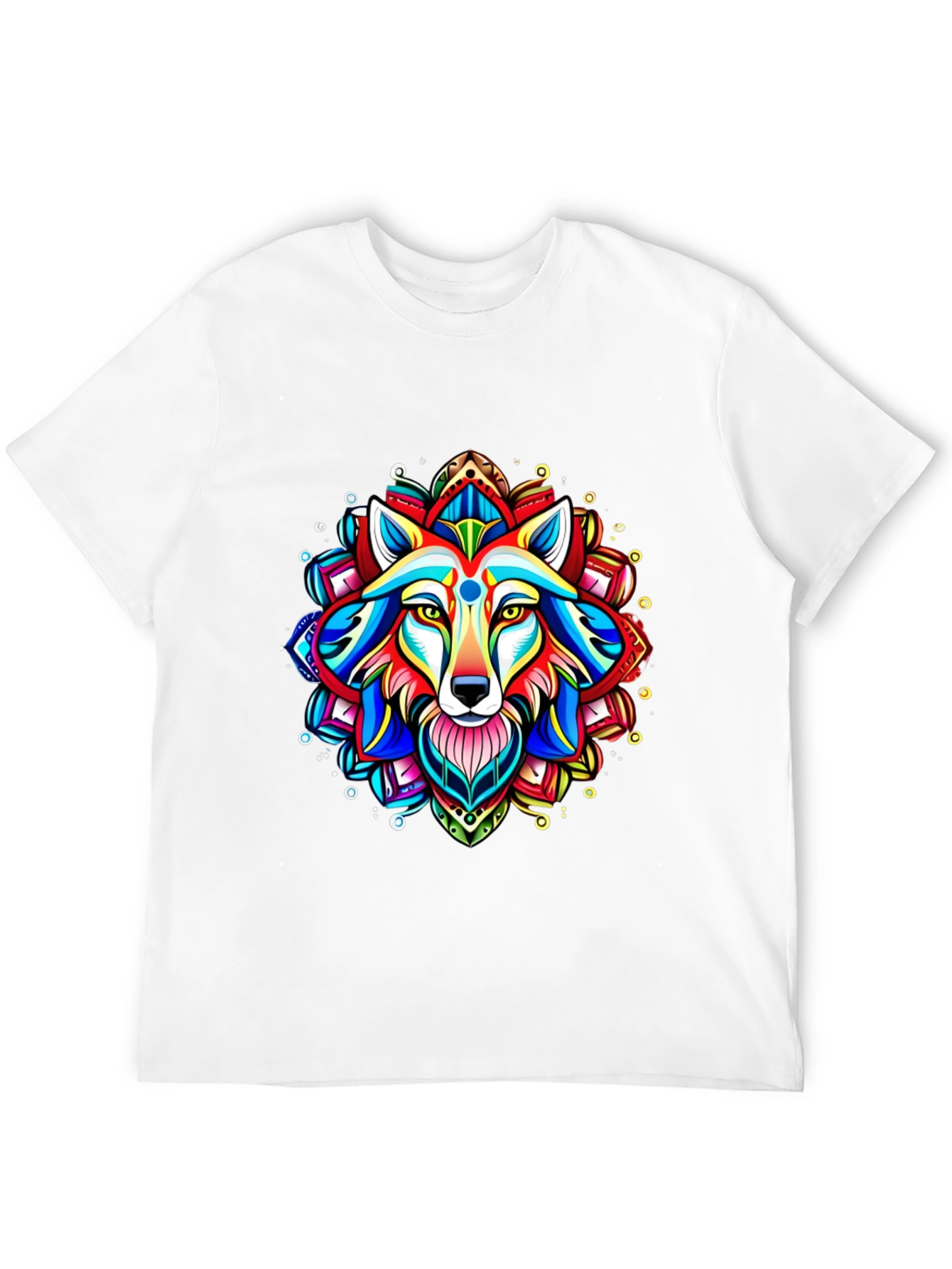 Vibrant Wolf Mandala Graphic Tee - Black Cotton T-Shirt