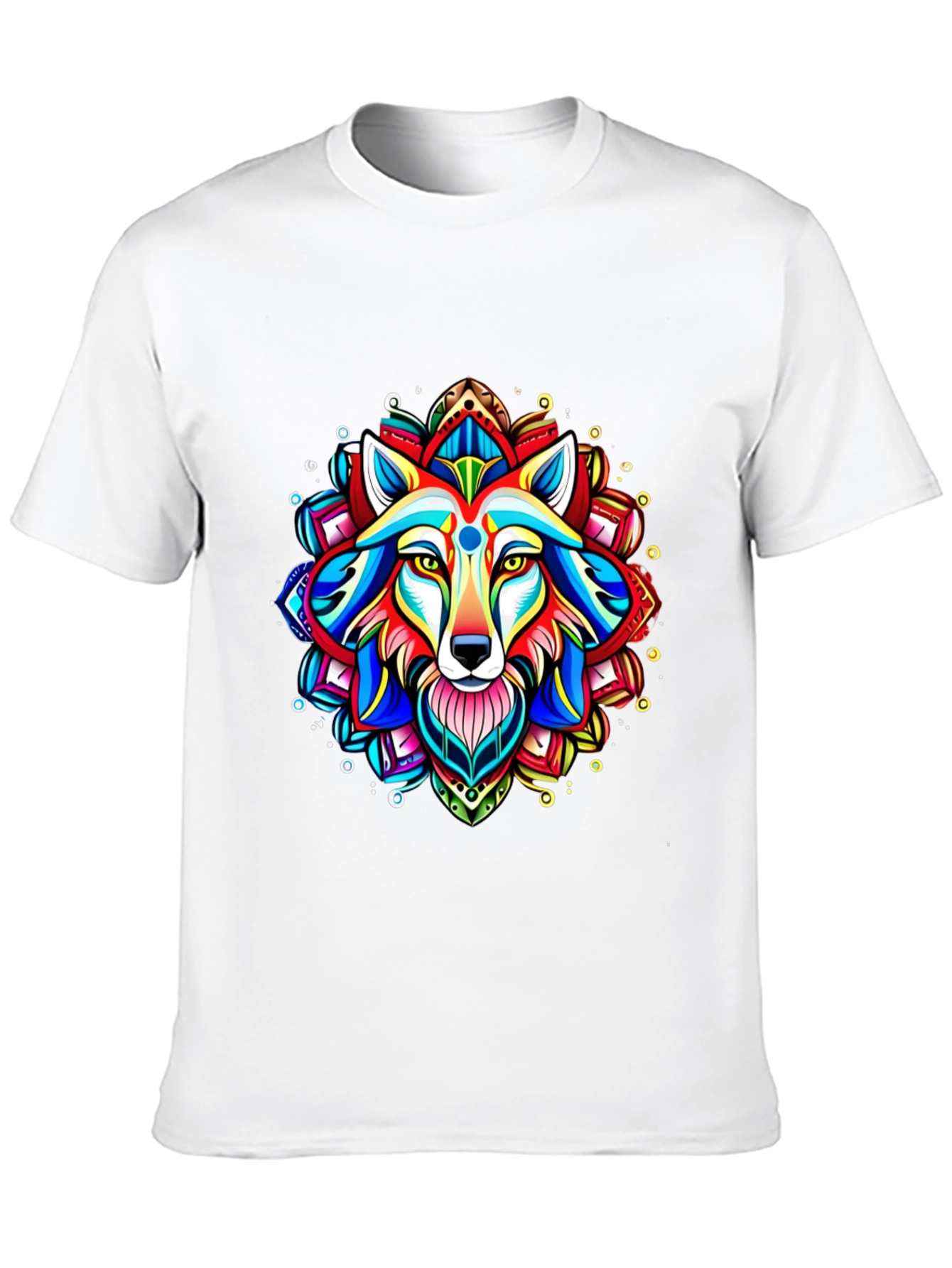 Vibrant Wolf Mandala Graphic Tee - Black Cotton T-Shirt