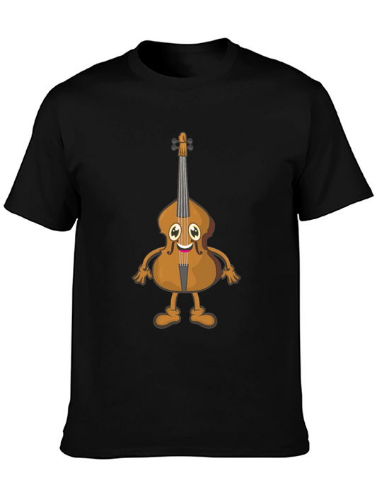 Cartoon Cello Graphic T-Shirt - Black Cotton Tee