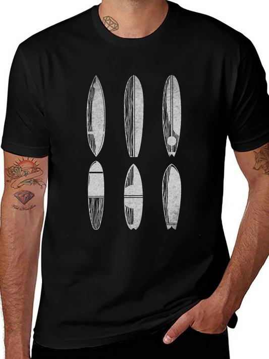 Surfboard Pattern Tee - Black Cotton T-Shirt