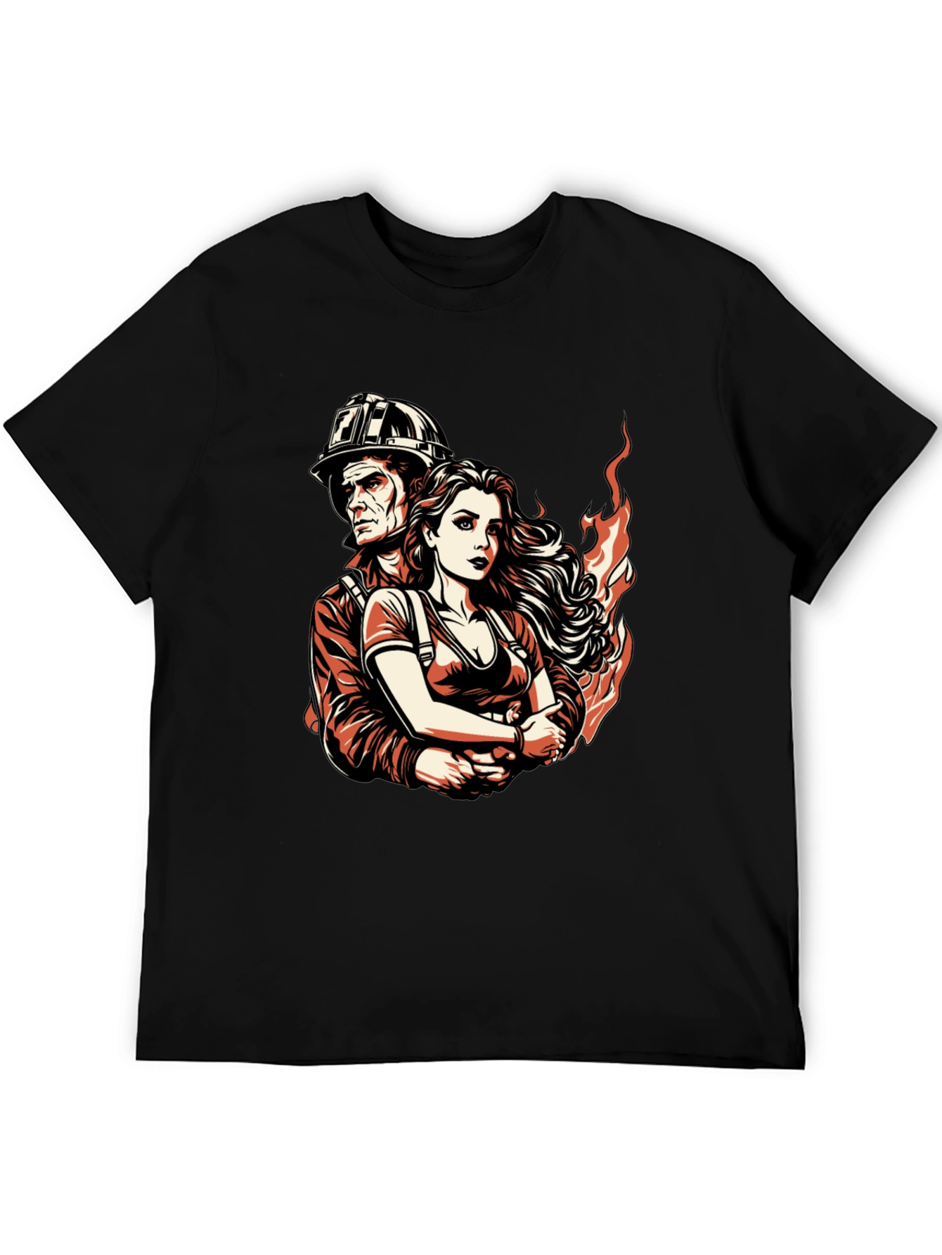 Firefighter Couple Graphic Tee - Black Cotton T-Shirt