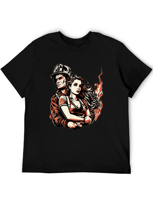 Firefighter Couple Graphic Tee - Black Cotton T-Shirt