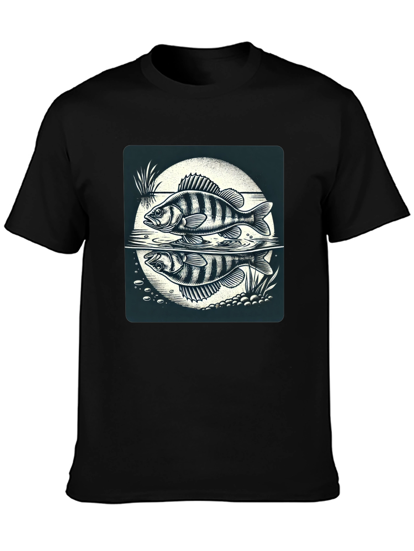 Fish Reflection Graphic Tee - Black Cotton Casual Shirt