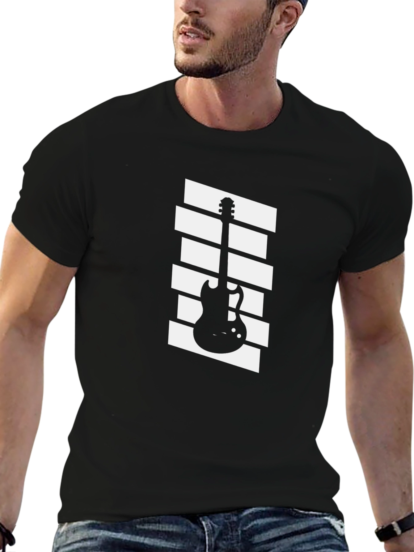 Guitar Graphic Tee - Black Cotton Casual Shirt