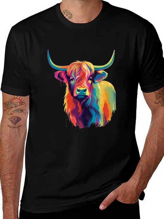 Colorful Highland Cow Graphic Tee - Black