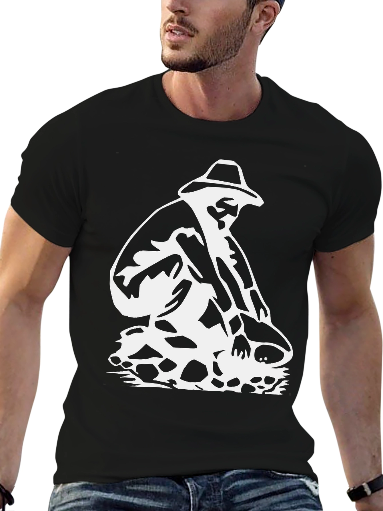 Black T-Shirt with White Gold Panning Design