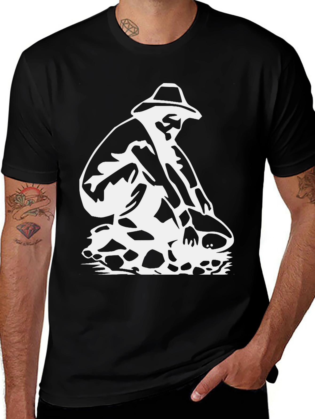 Black T-Shirt with White Gold Panning Design