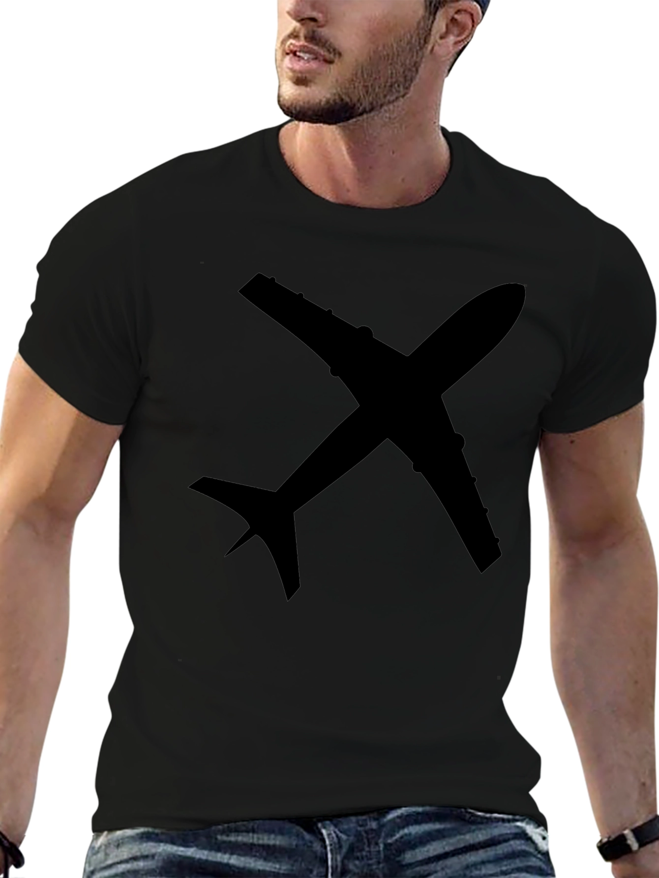 Airplane Graphic Tee - Black Cotton Casual Shirt