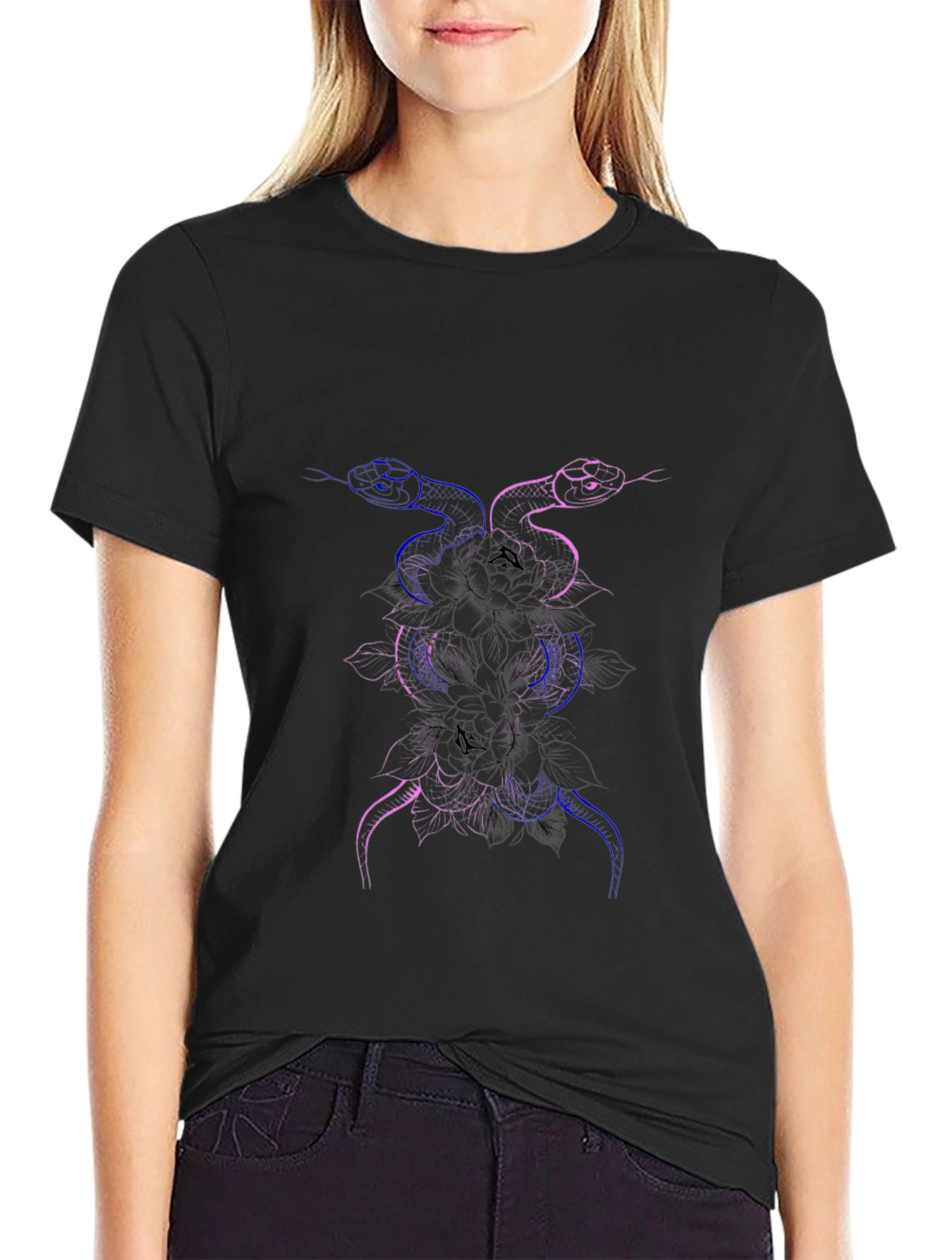Snake & Flower Graphic Print Black T-Shirt