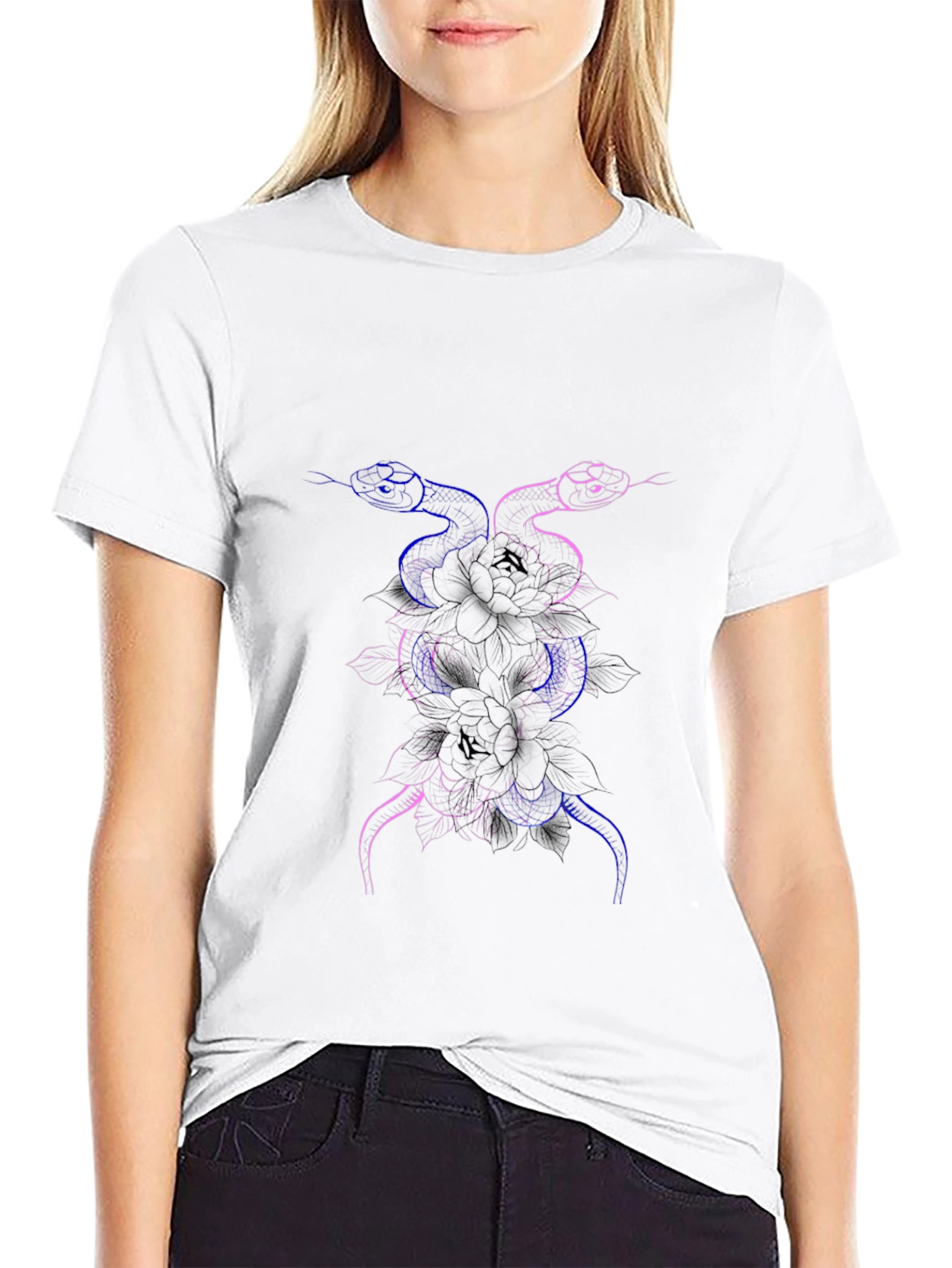 Snake & Flower Graphic Print Black T-Shirt