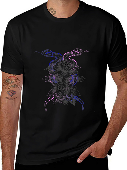 Snake & Flower Graphic Print Black T-Shirt