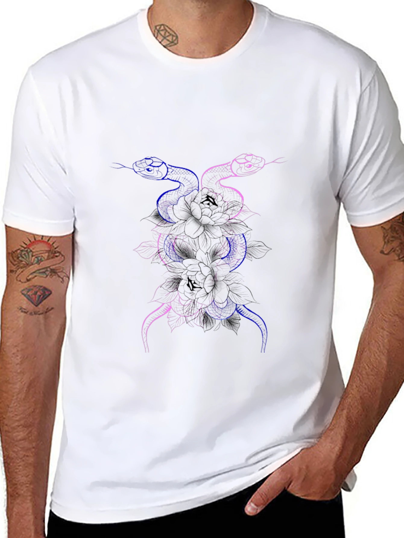 Snake & Flower Graphic Print Black T-Shirt