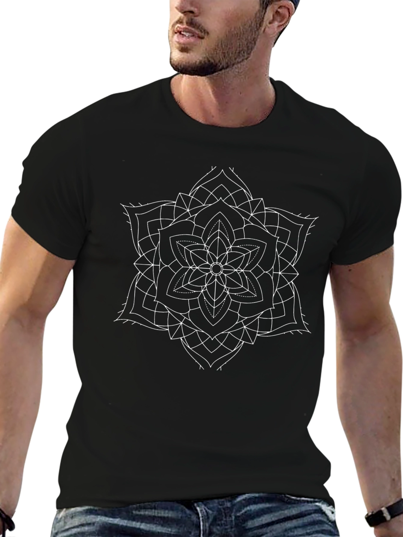 Geometric Mandala Graphic Tee - Black Cotton