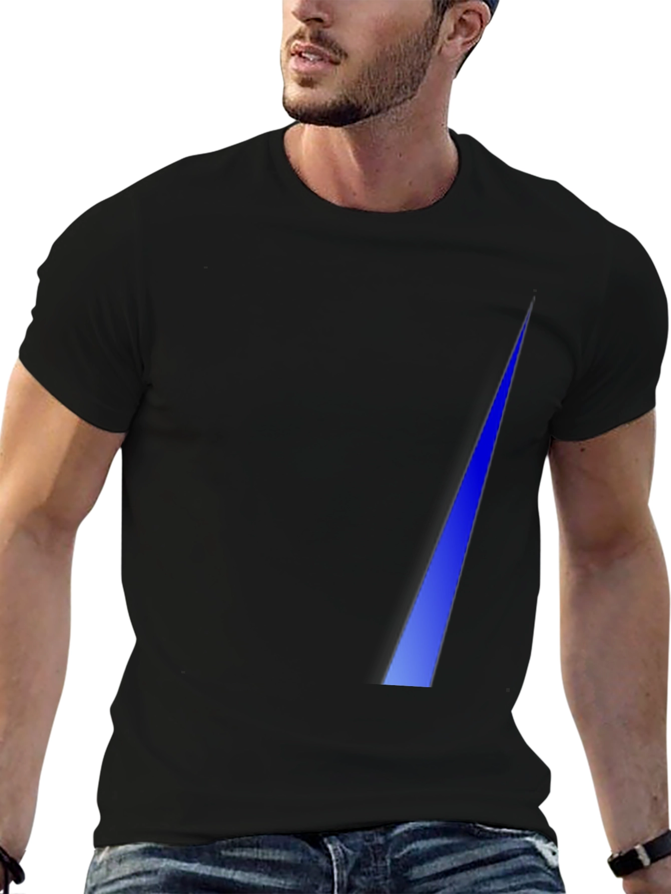 Modern Black Tee with Geometric Blue Stripe Design