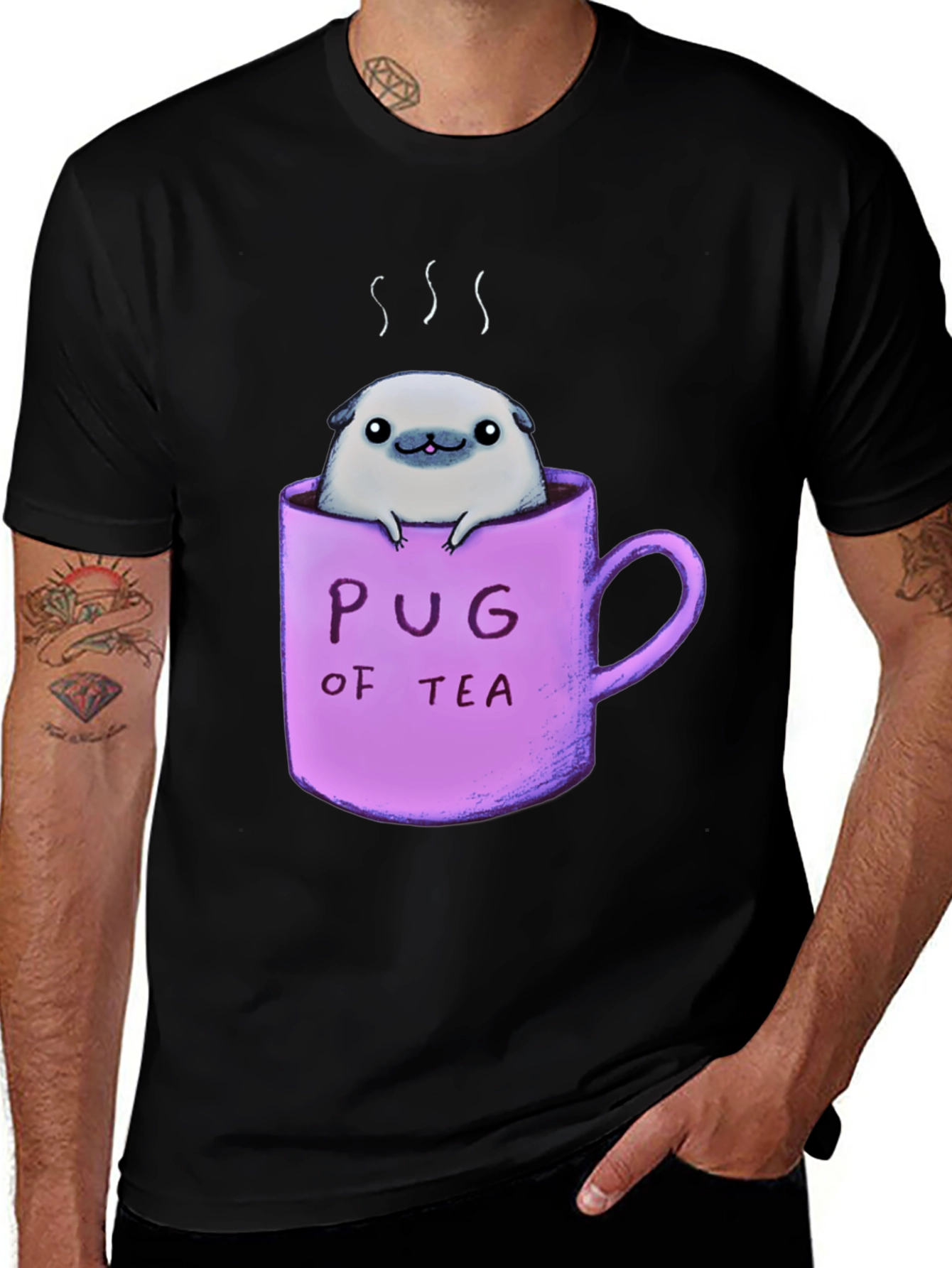 Pug of Tea Graphic T-Shirt - Black Cotton Tee