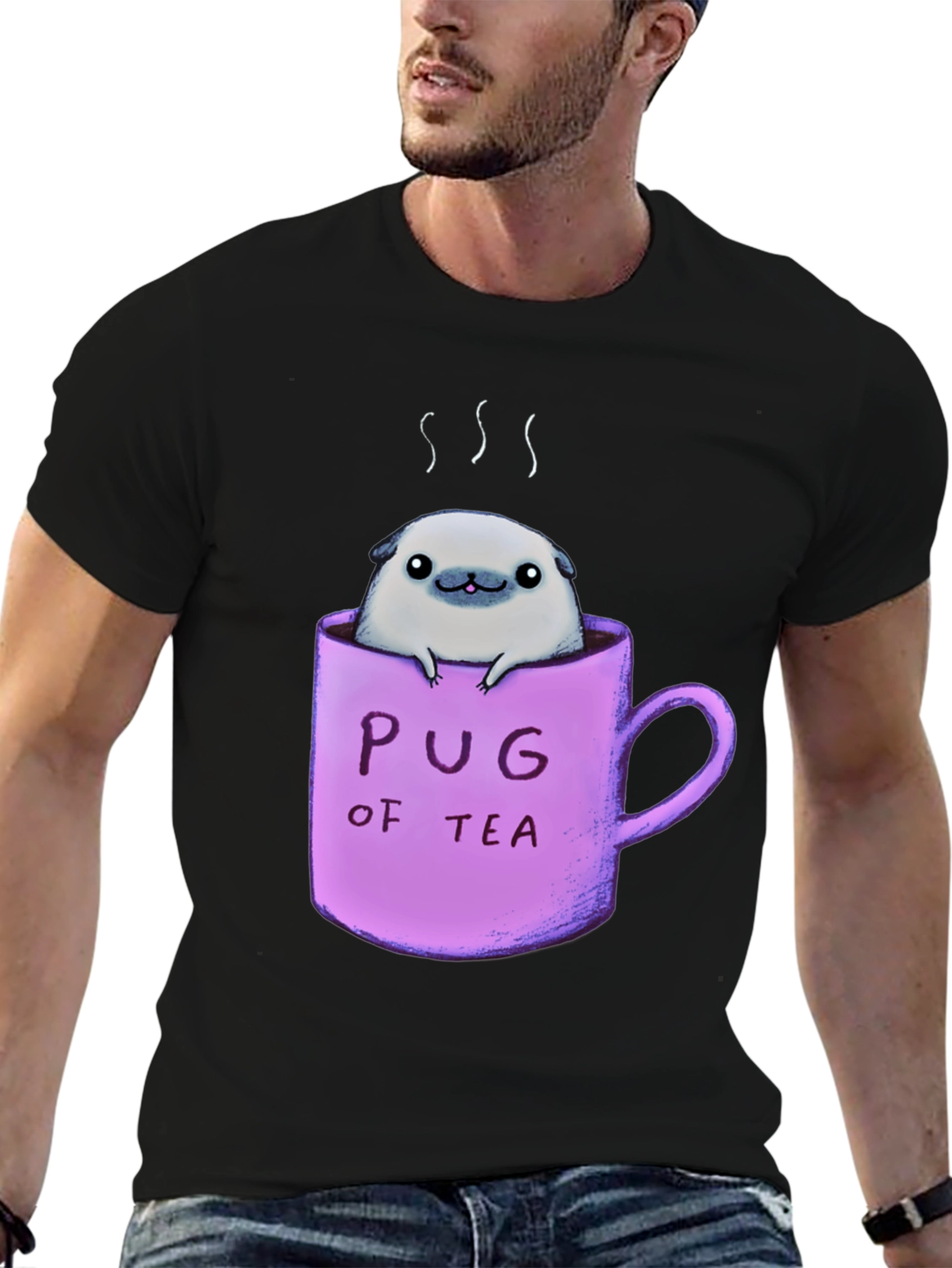 Pug of Tea Graphic T-Shirt - Black Cotton Tee