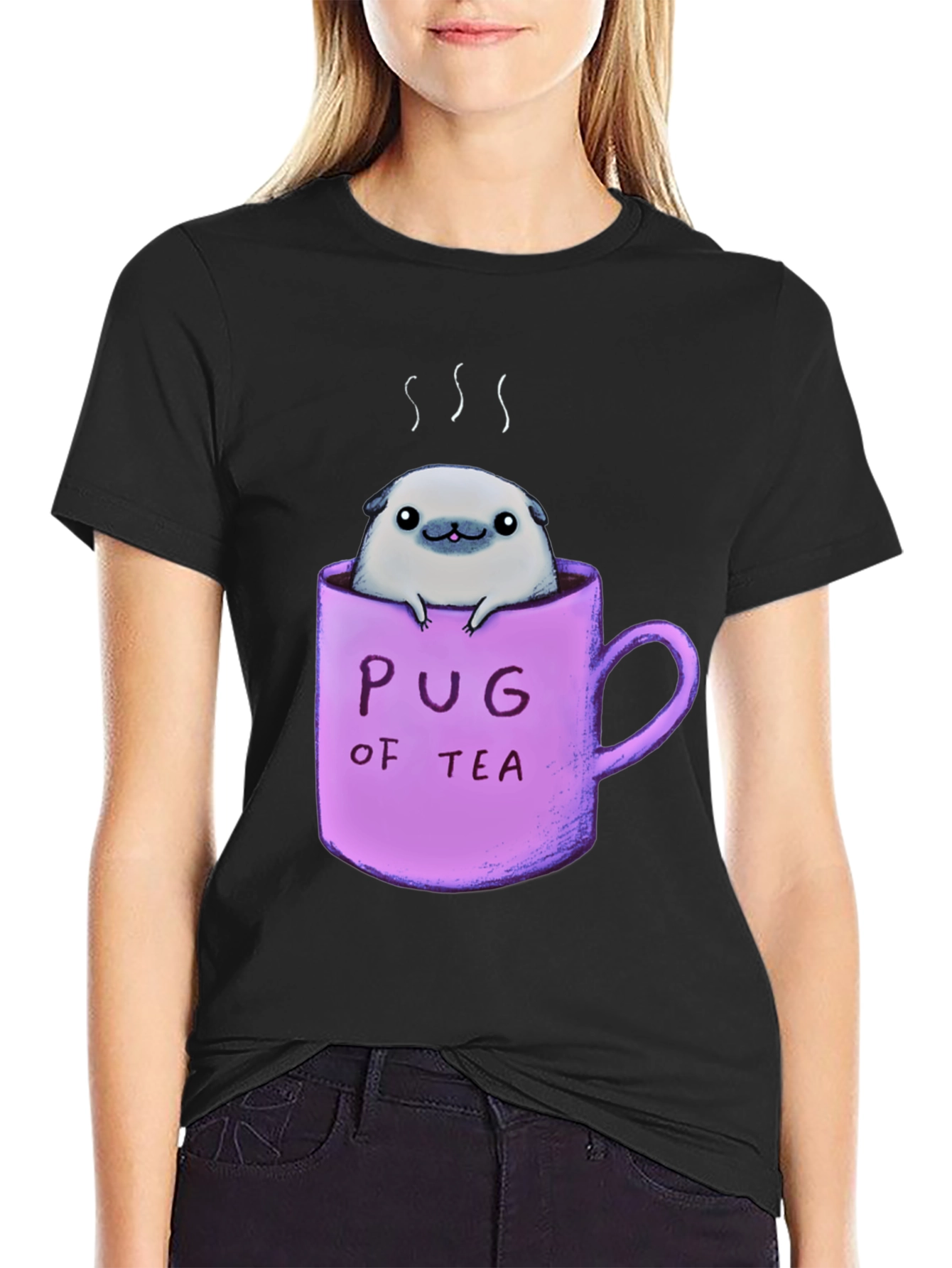 Pug of Tea Graphic T-Shirt - Black Cotton Tee