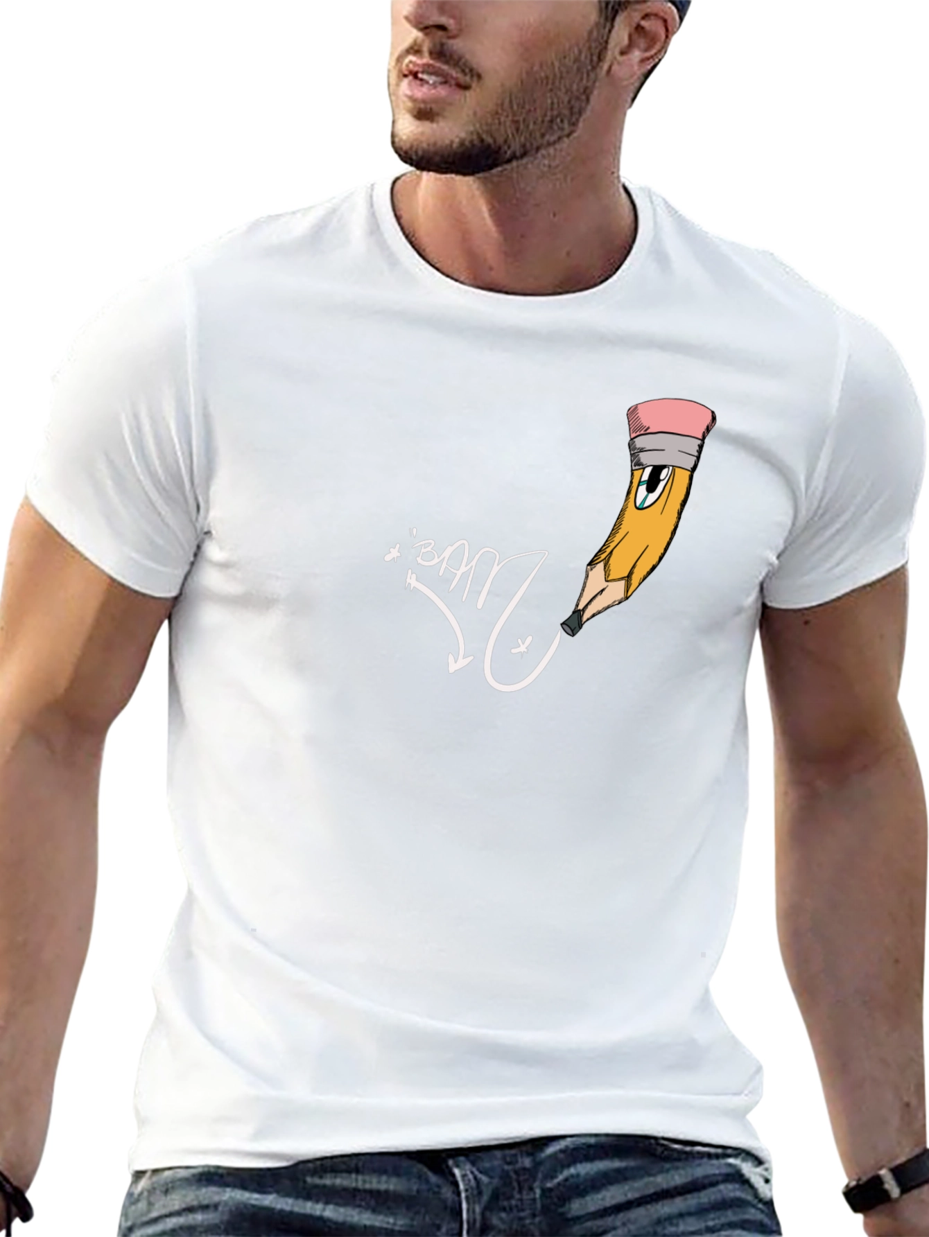 Mens Black Graphic Tee - Cartoon Pencil