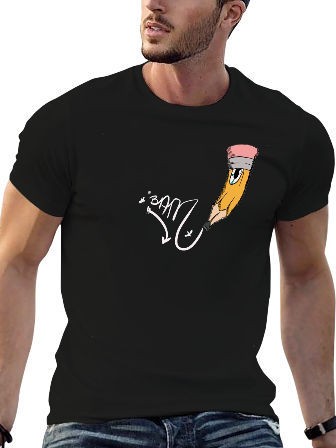 Mens Black Graphic Tee - Cartoon Pencil