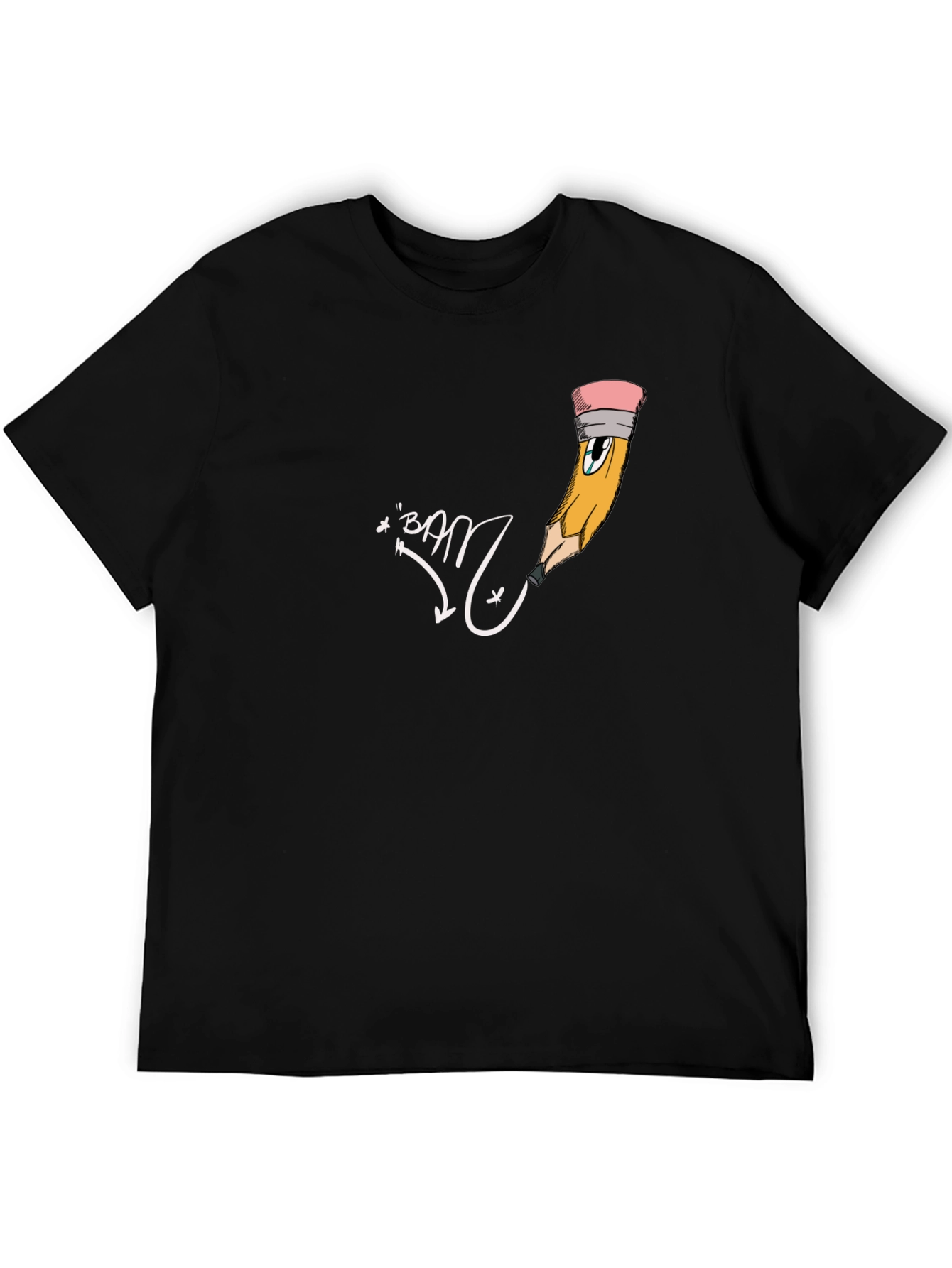 Mens Black Graphic Tee - Cartoon Pencil
