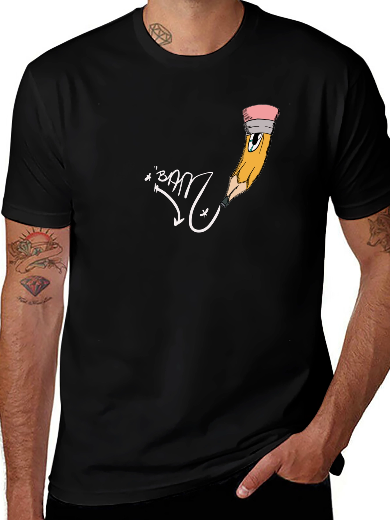 Mens Black Graphic Tee - Cartoon Pencil