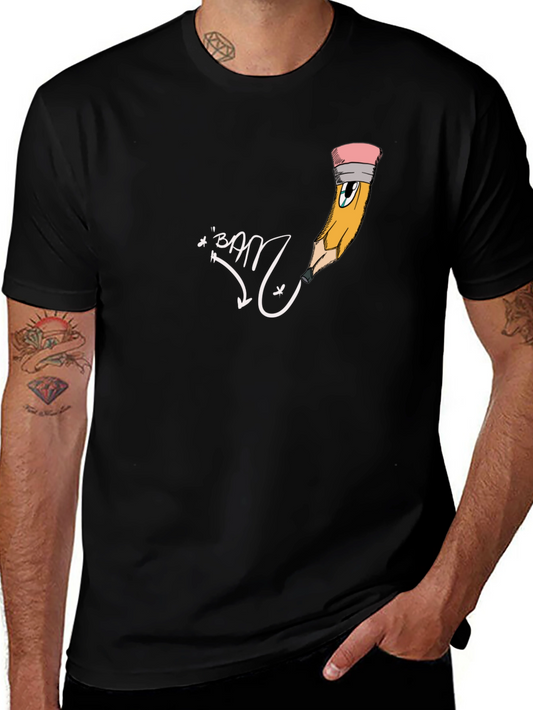 Mens Black Graphic Tee - Cartoon Pencil