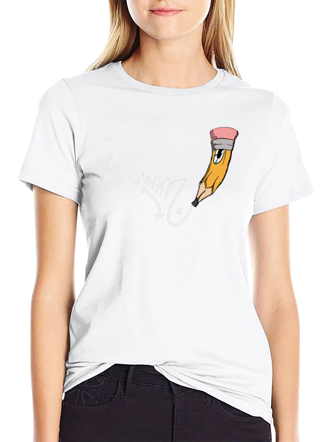 Mens Black Graphic Tee - Cartoon Pencil