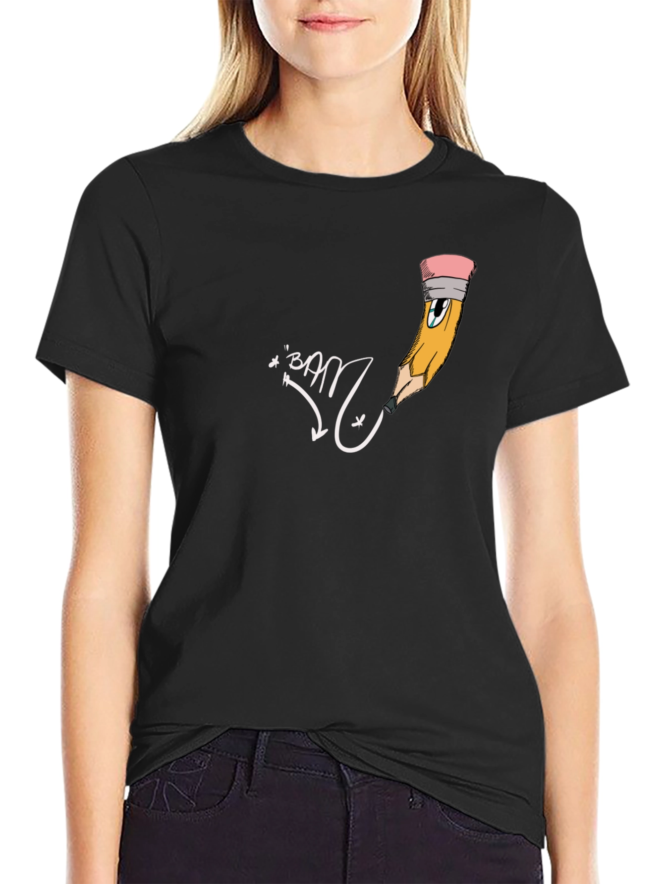 Mens Black Graphic Tee - Cartoon Pencil