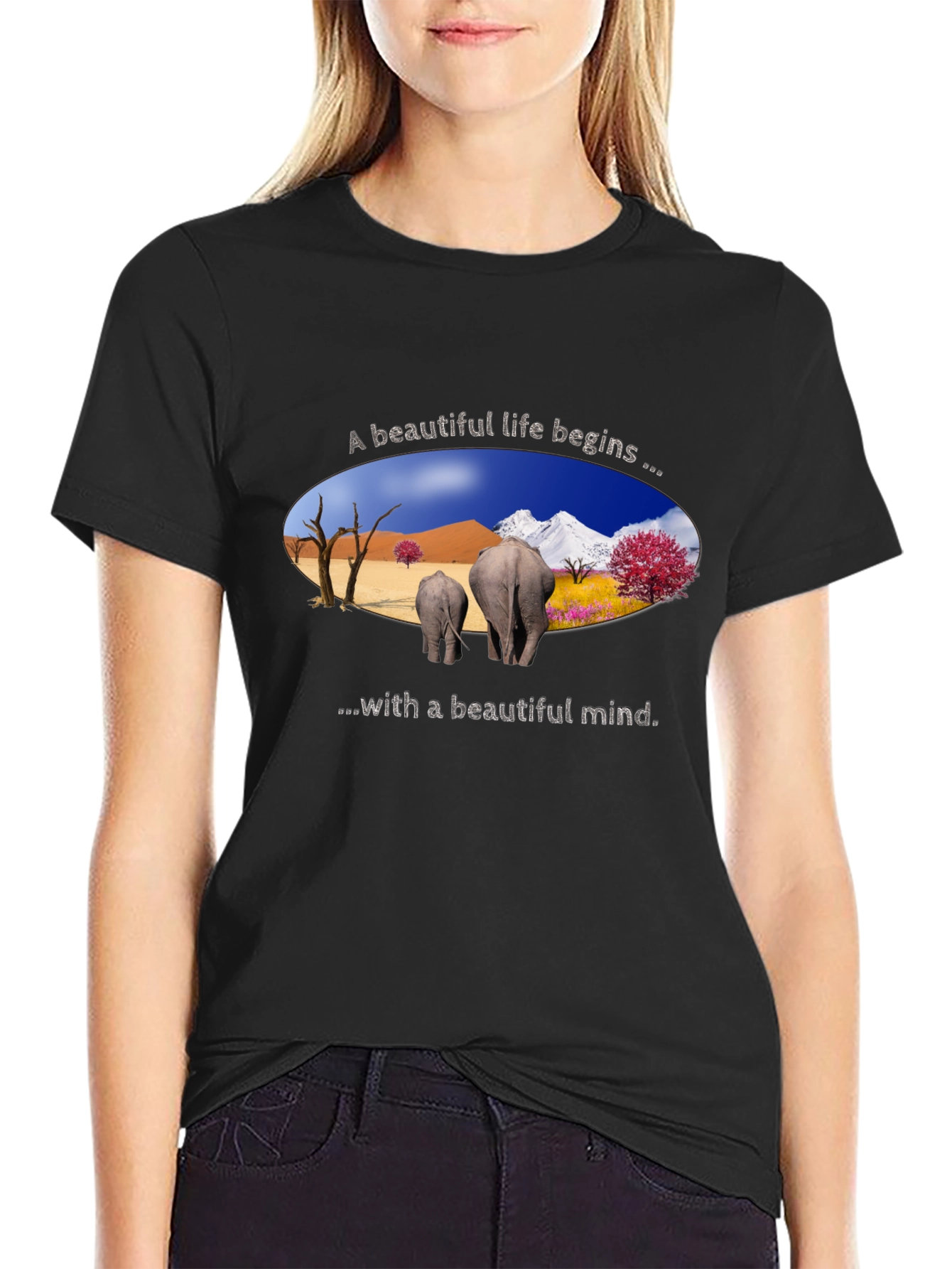 Beautiful Life Elephant Graphic Tee - Black