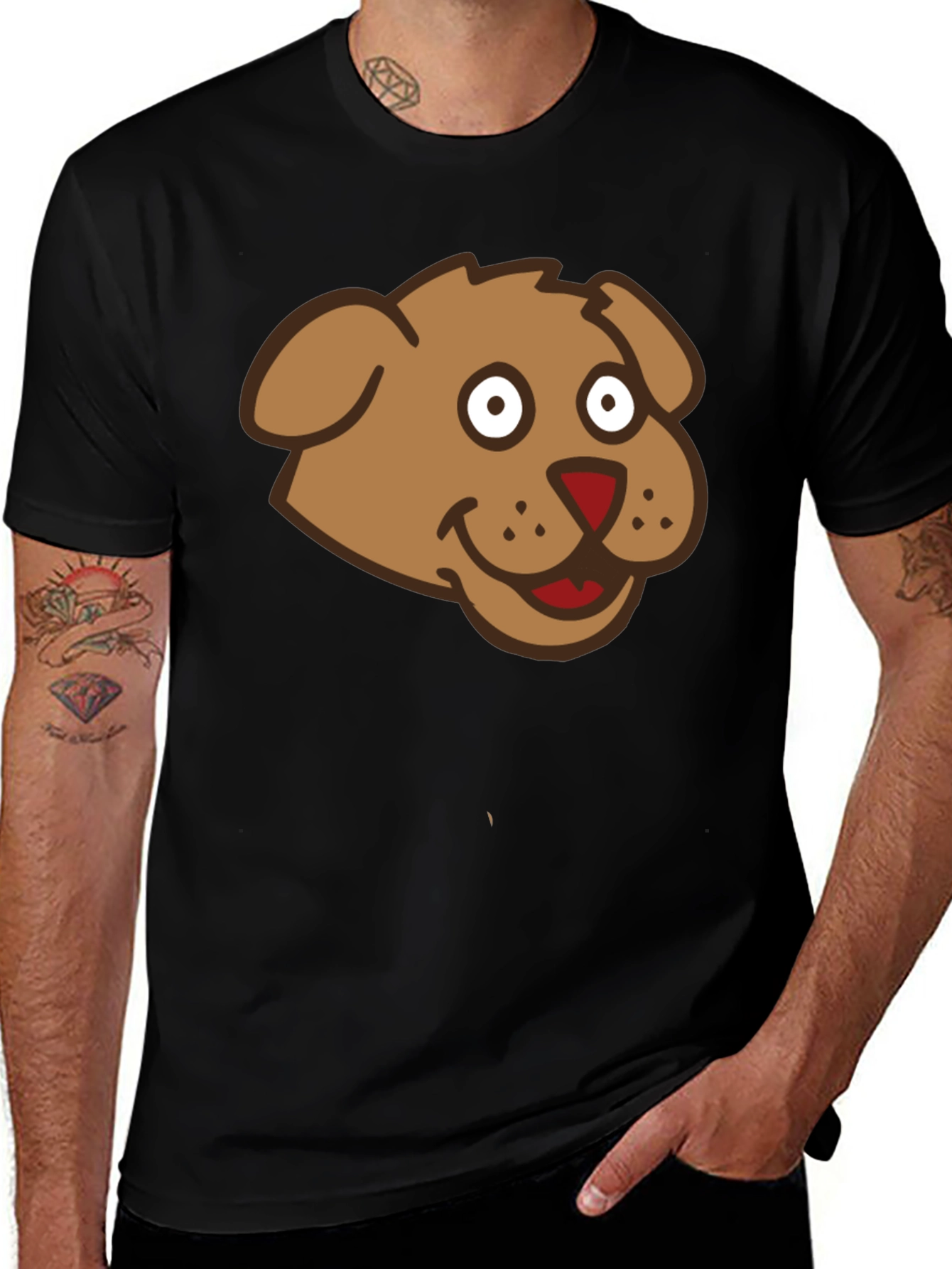 Cartoon Dog Face Black T-Shirt