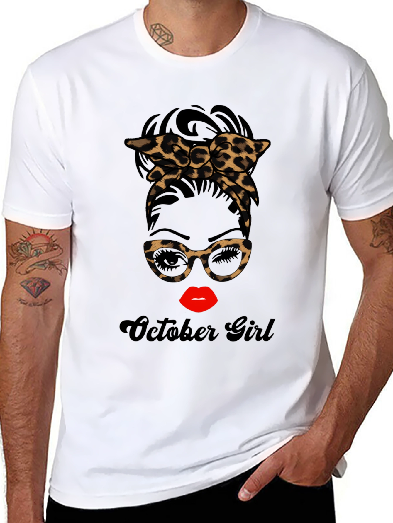 October Girl Messy Bun Leopard Print T-Shirt