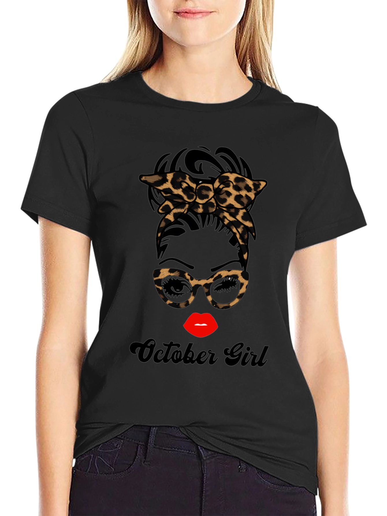 October Girl Messy Bun Leopard Print T-Shirt