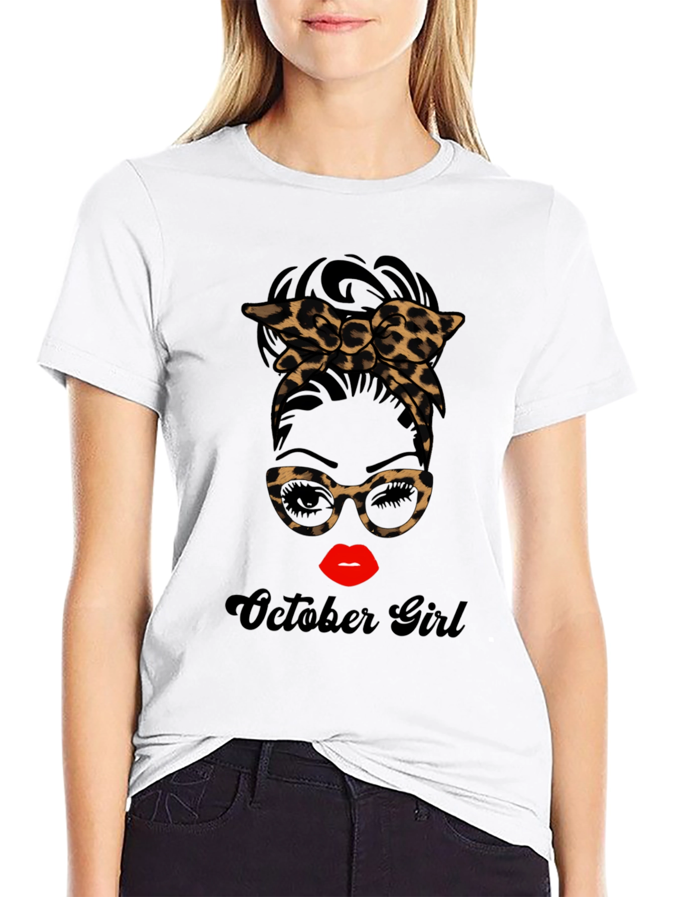 October Girl Messy Bun Leopard Print T-Shirt