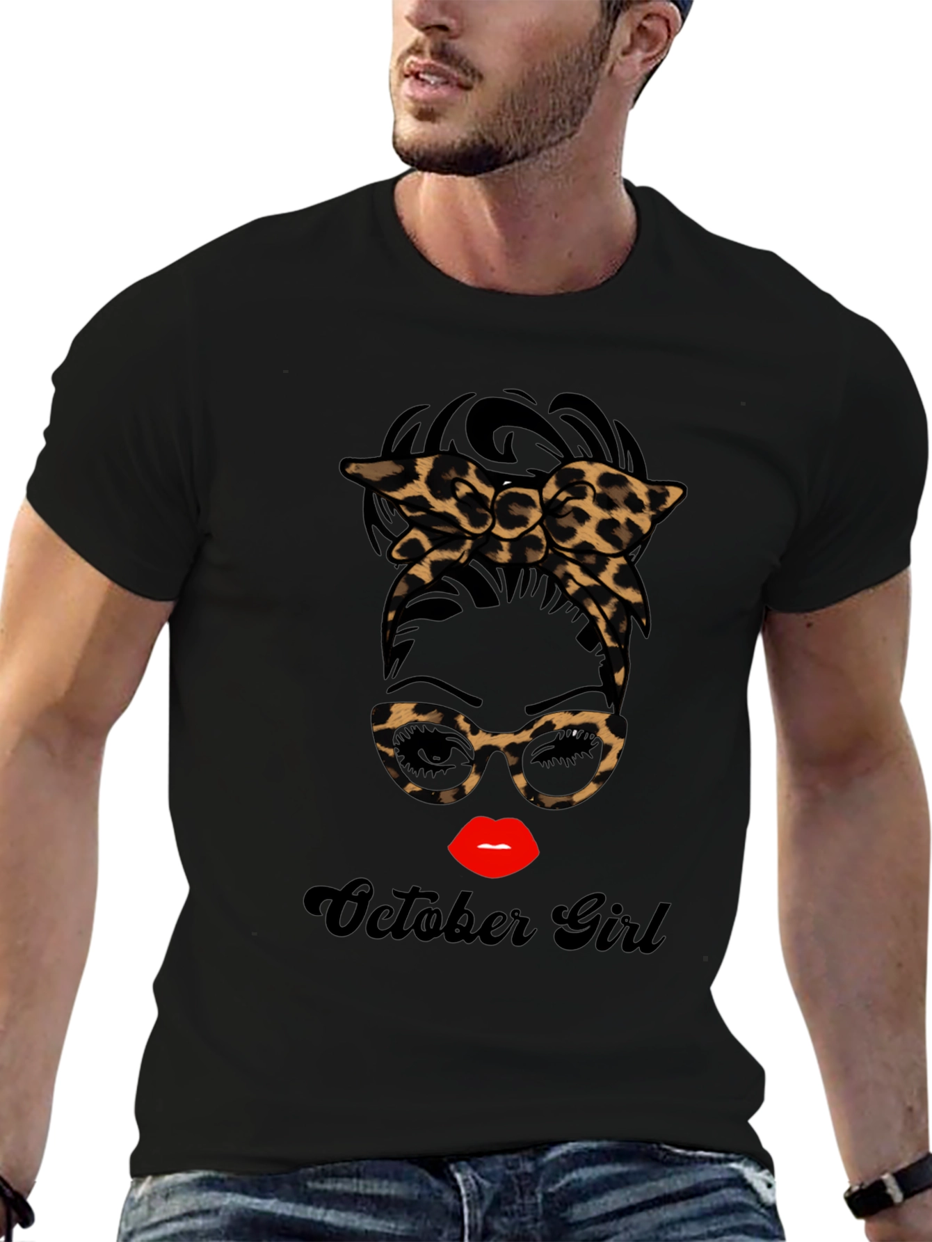 October Girl Messy Bun Leopard Print T-Shirt
