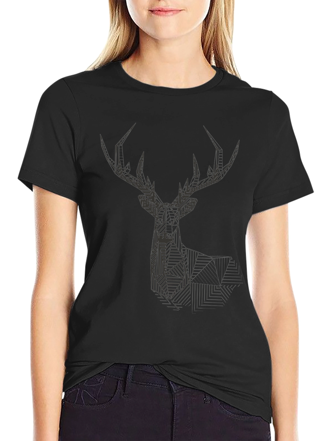 Geometric Deer Head Graphic Black T-Shirt