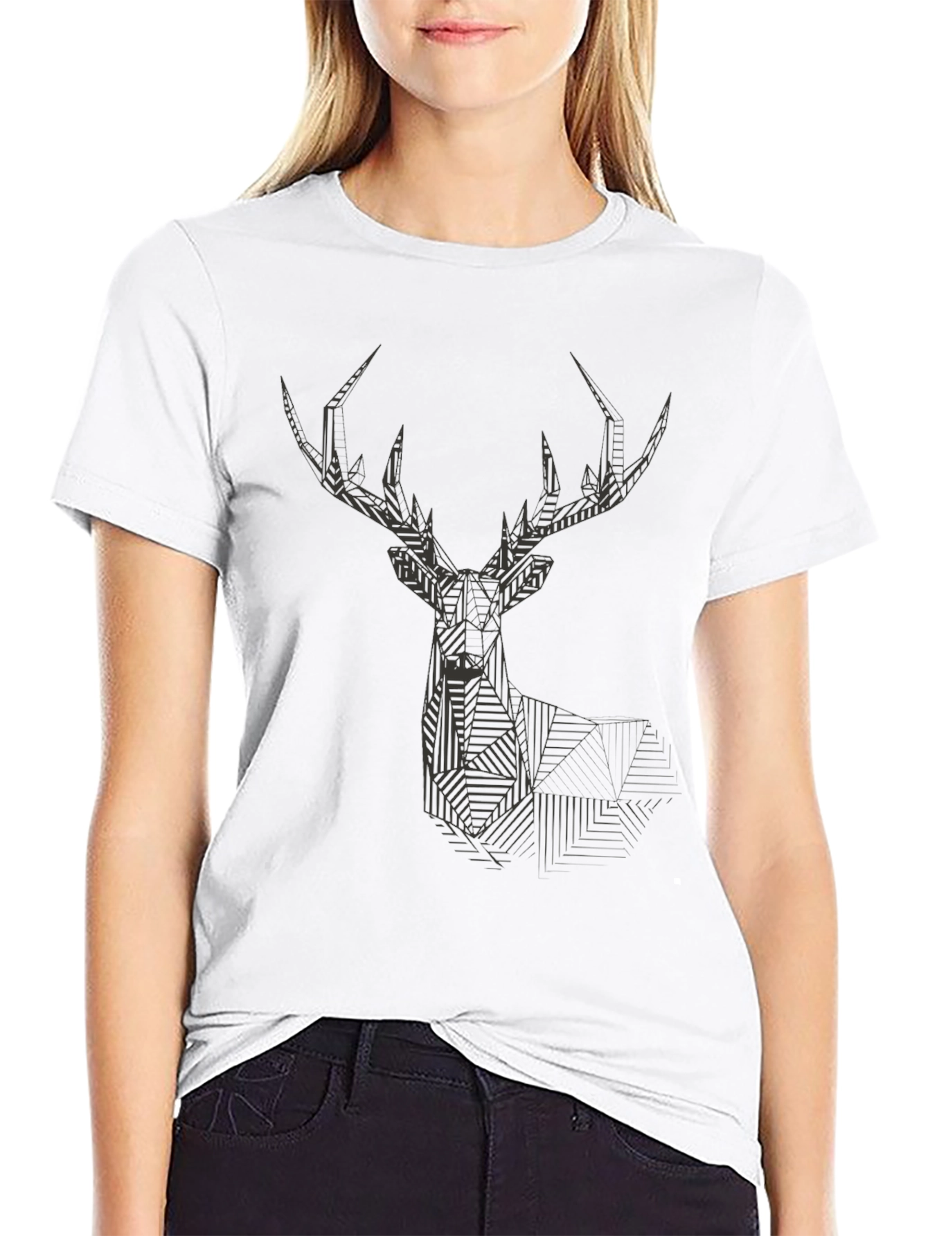 Geometric Deer Head Graphic Black T-Shirt