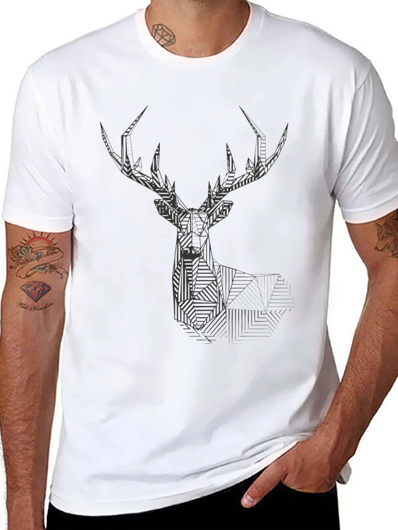 Geometric Deer Head Graphic Black T-Shirt