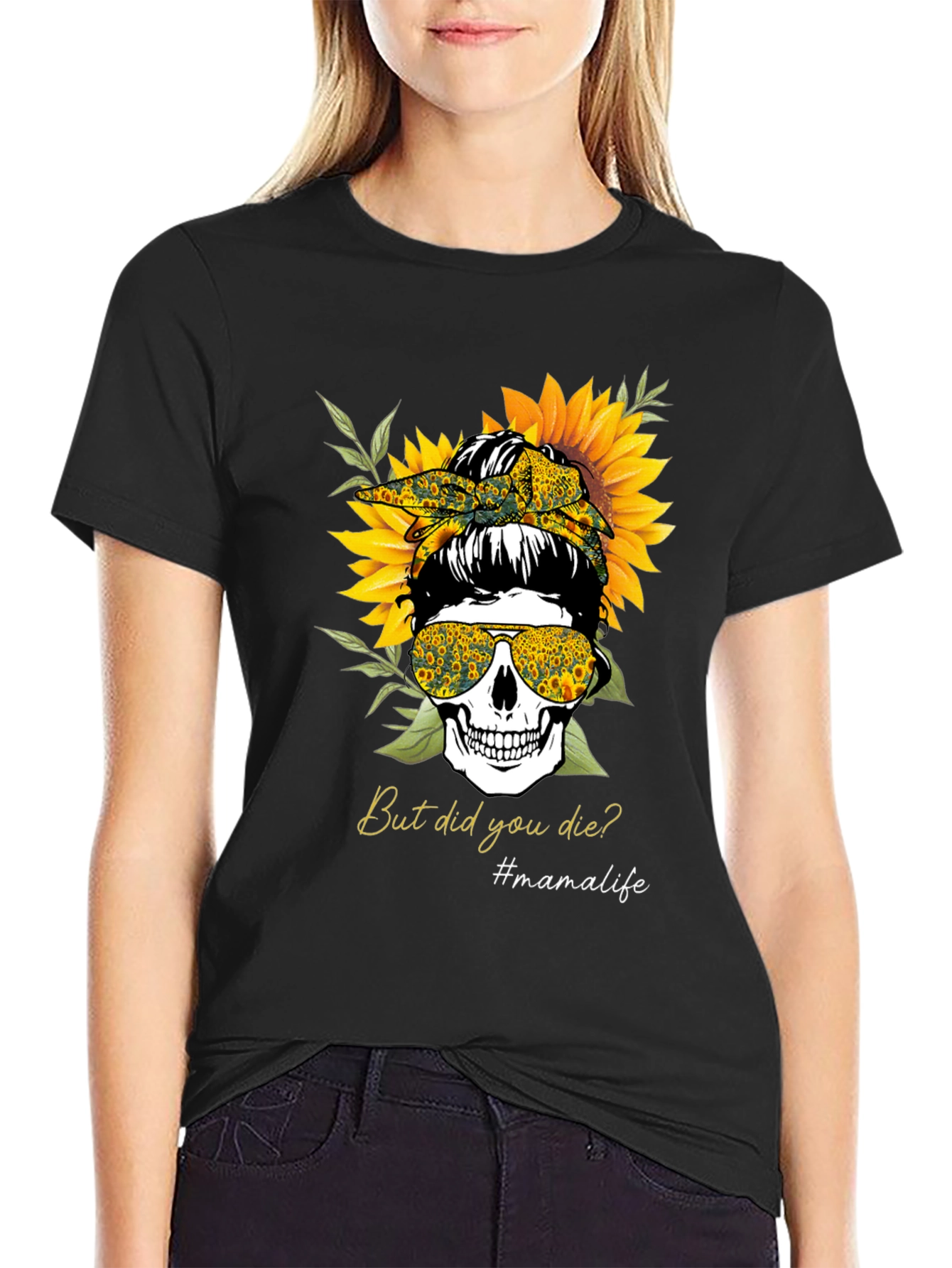 Mama Life Skull Sunflower Graphic Tee